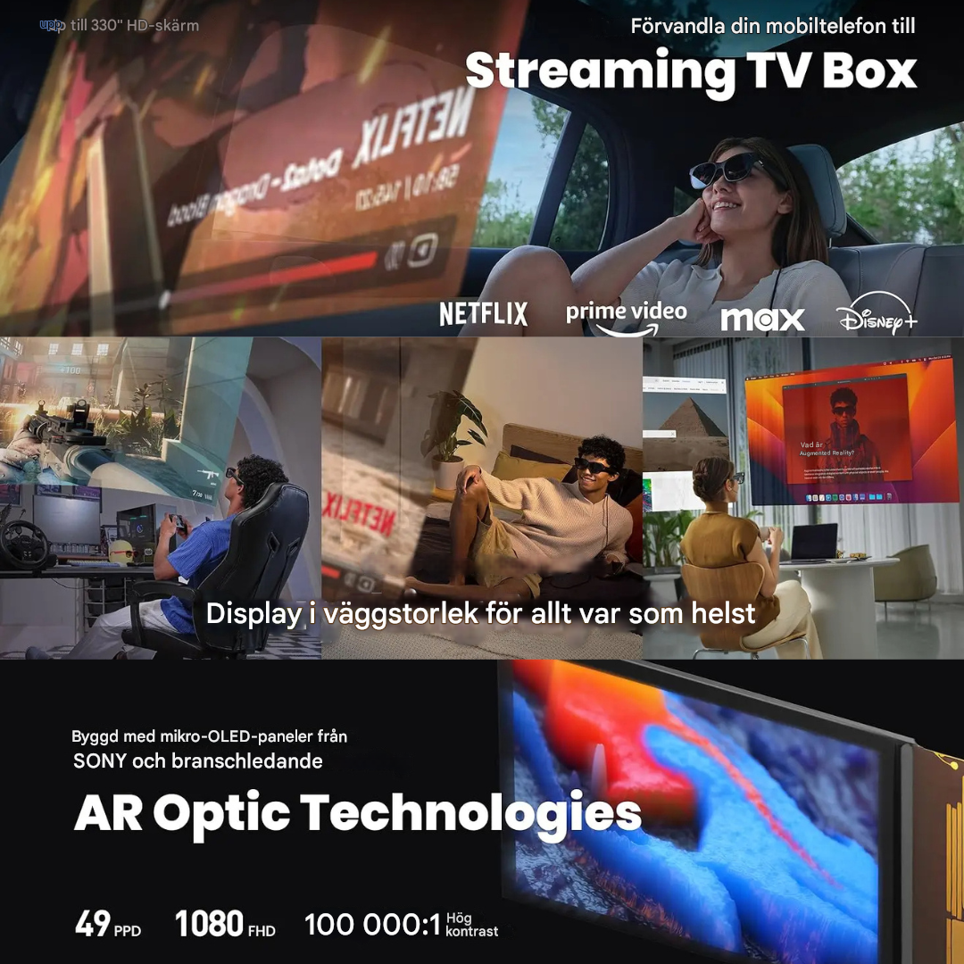 OptiView - Bärbara smarta AR-glasögon med 330 Tums Skärm 1080P HD 120Hz Lättvikt för Lång Användning