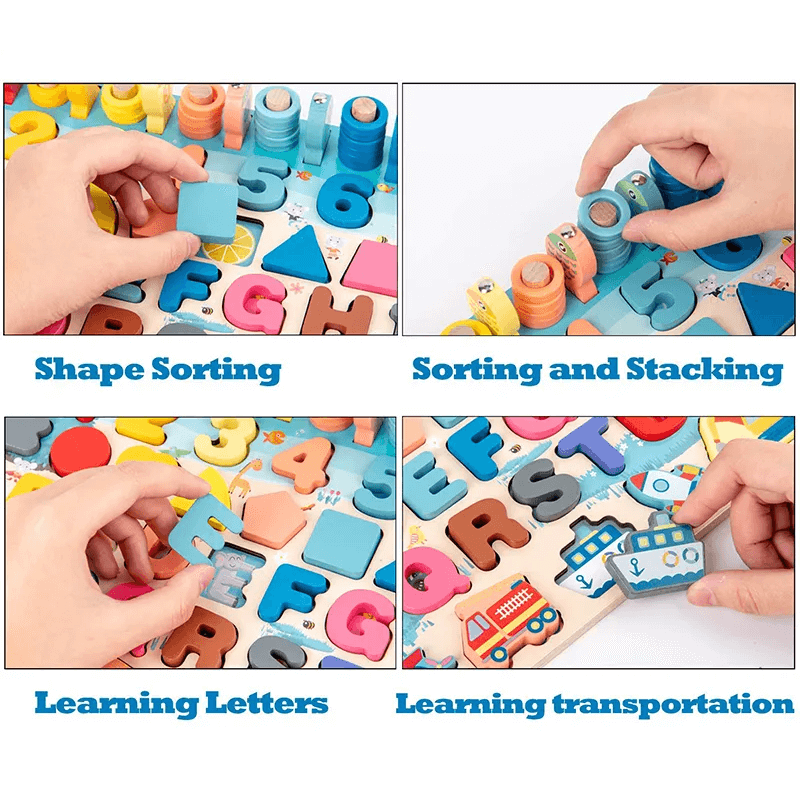 Montessori Träpussel för Småbarn | 5-i-1 Utbildningsleksak i Trä med Fiskespel, Sortering & Räkning – Pedagogiskt Lärspel för Barn 2–5 år