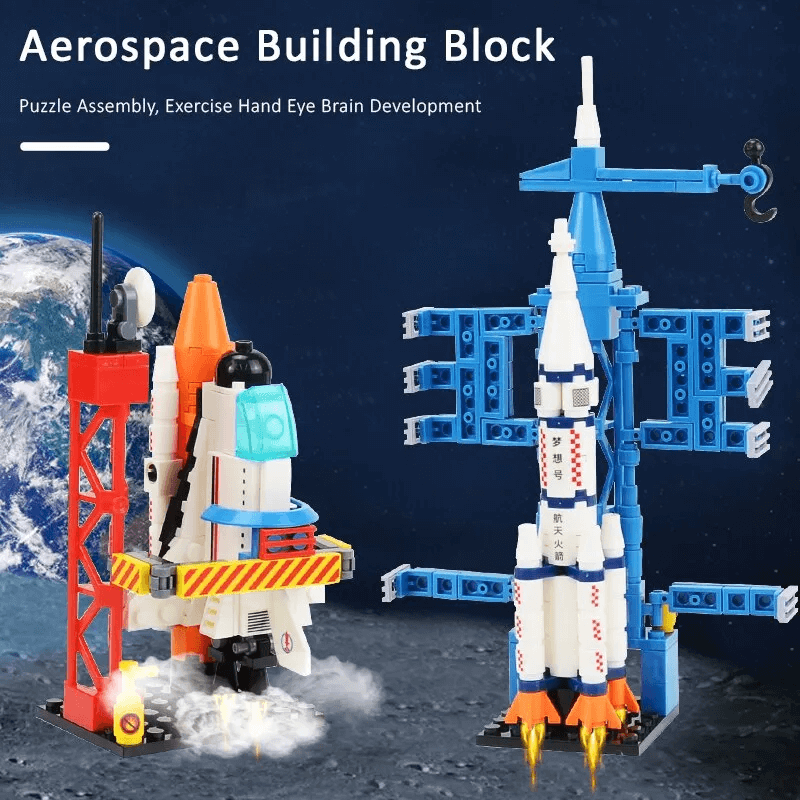 AstroPlay - Byggsats för Rymdraketer med Astronautfigur och Startrampsblock för Barn