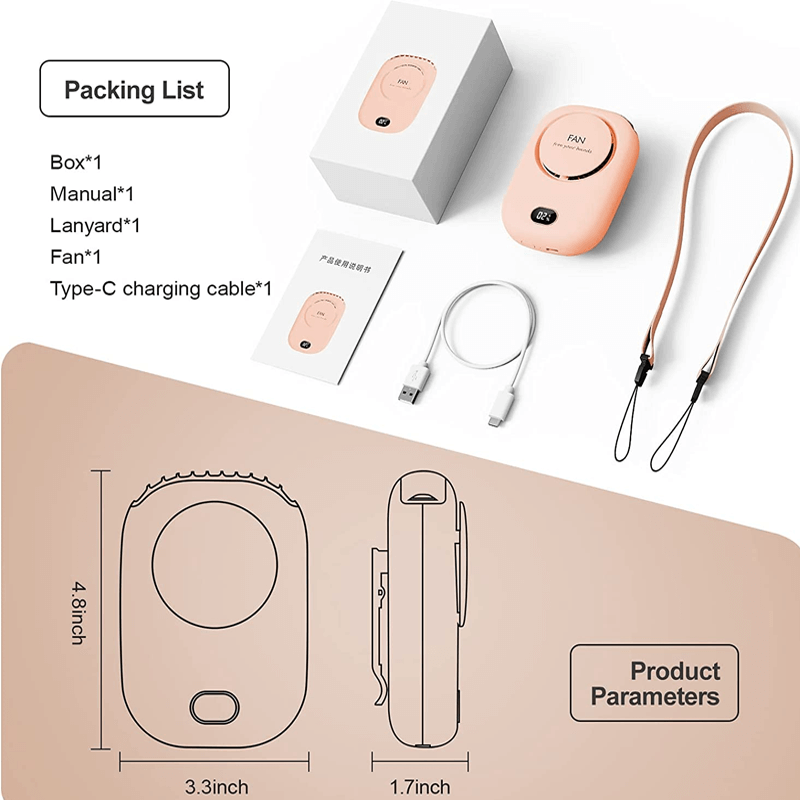 Mini-ventilateur de cou portable à suspendre, 2000 mAh