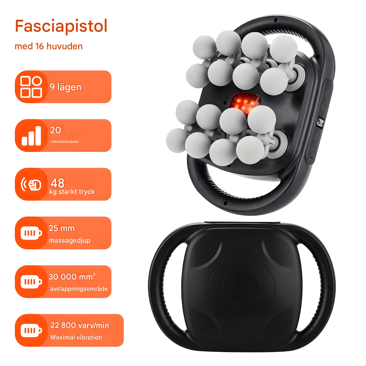 PulseRelief – 16-Huvuds Massagepistol med 9 Lägen & 20 Intensitetsnivåer för Hela Kroppen