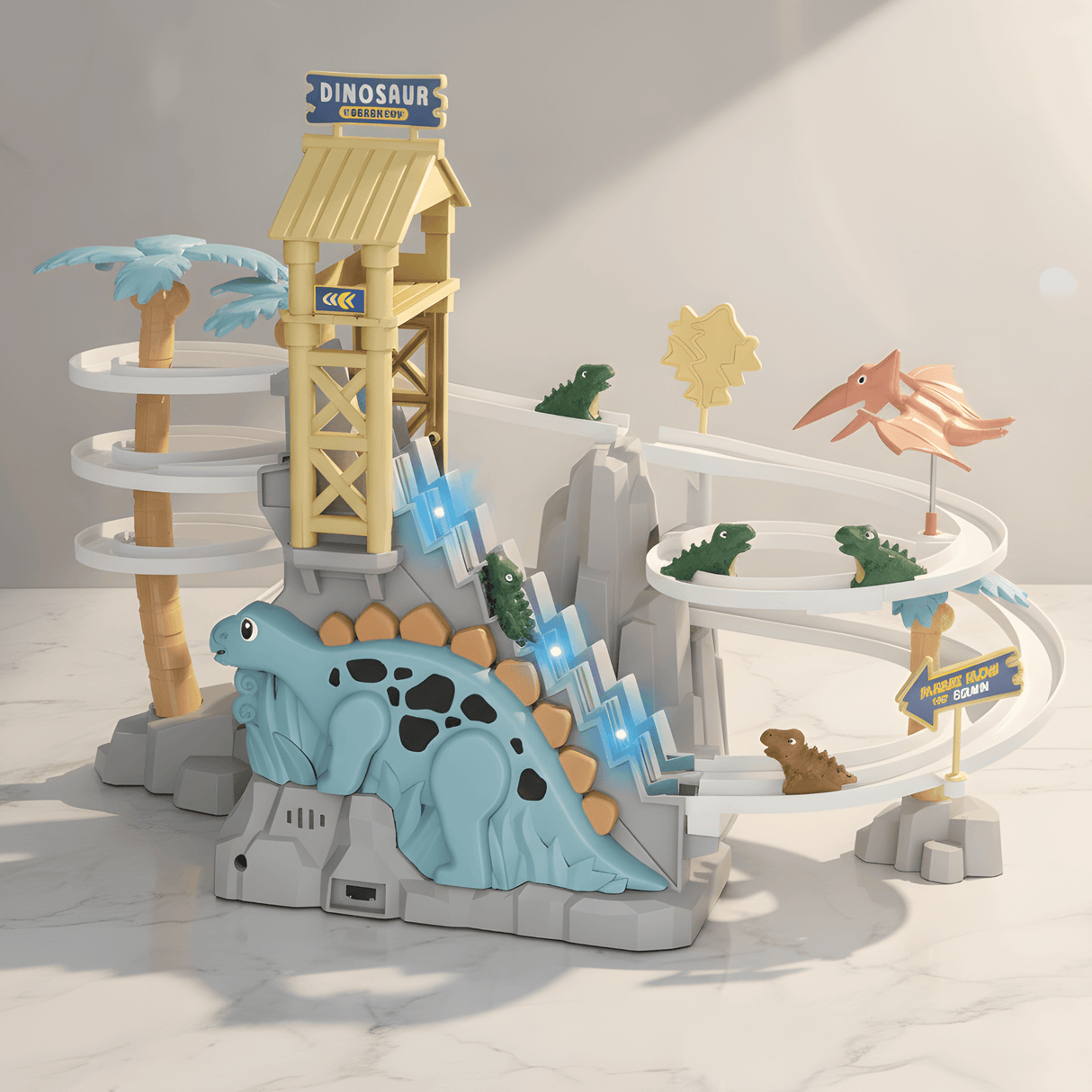 DinoTrack – Elektrisk Dubbelbanig Dinosaurie-rutschkana med Dynamiska Klättertrappor, Ljus & Musik för Barn