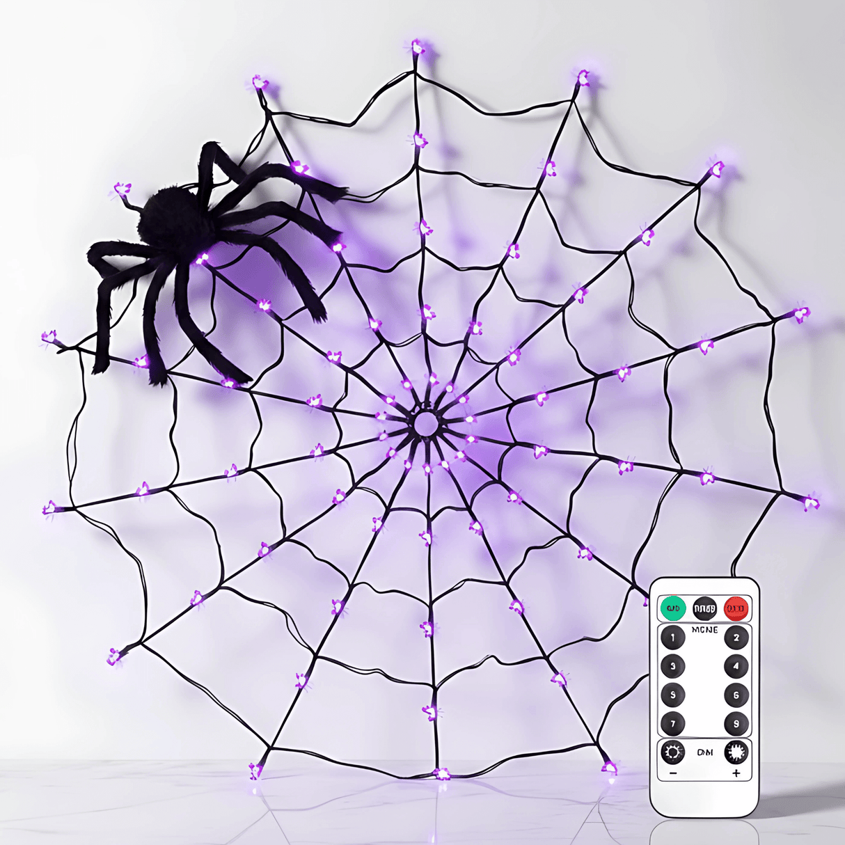 SpiderGlow – Halloween Spindelnät LED-ljusslinga med Fjärrkontroll, Spindeldekoration & 8 Ljuslägen