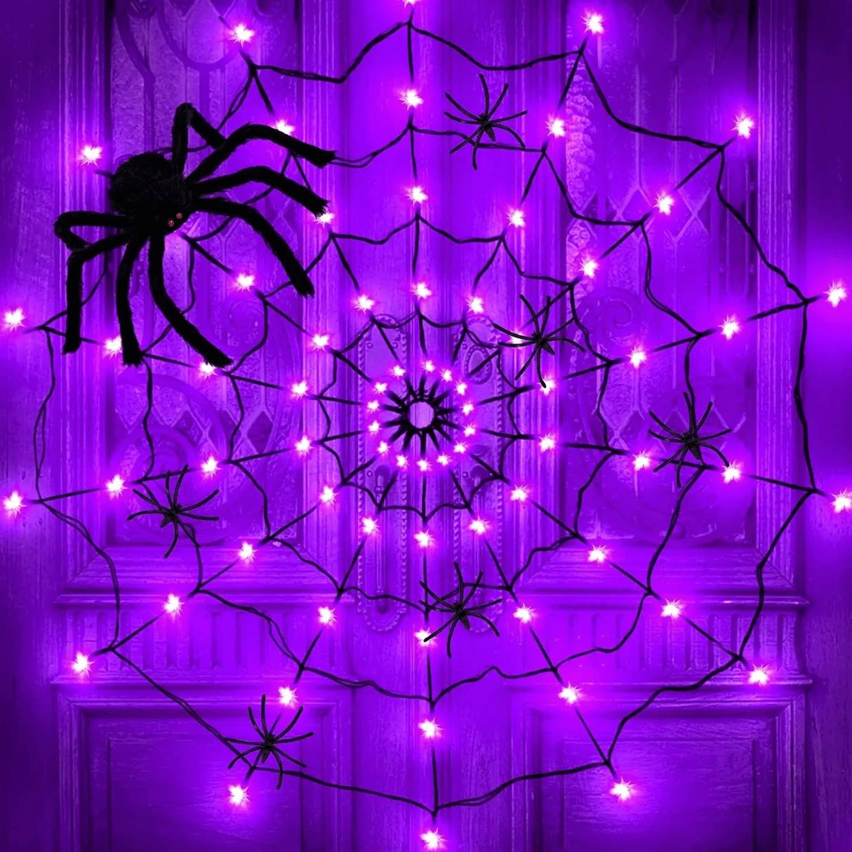 SpiderGlow – Halloween Spindelnät LED-ljusslinga med Fjärrkontroll, Spindeldekoration & 8 Ljuslägen