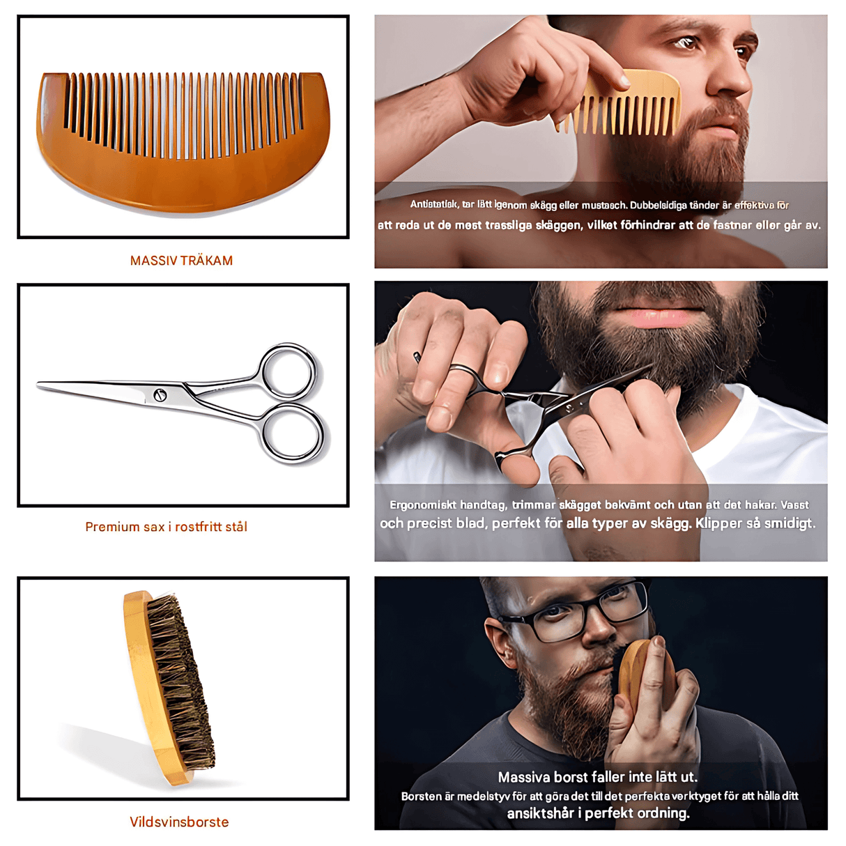 BeardMaster – 6-i-1 skjeggpleiesett for menn med olje, balsam, kam, børste og saks