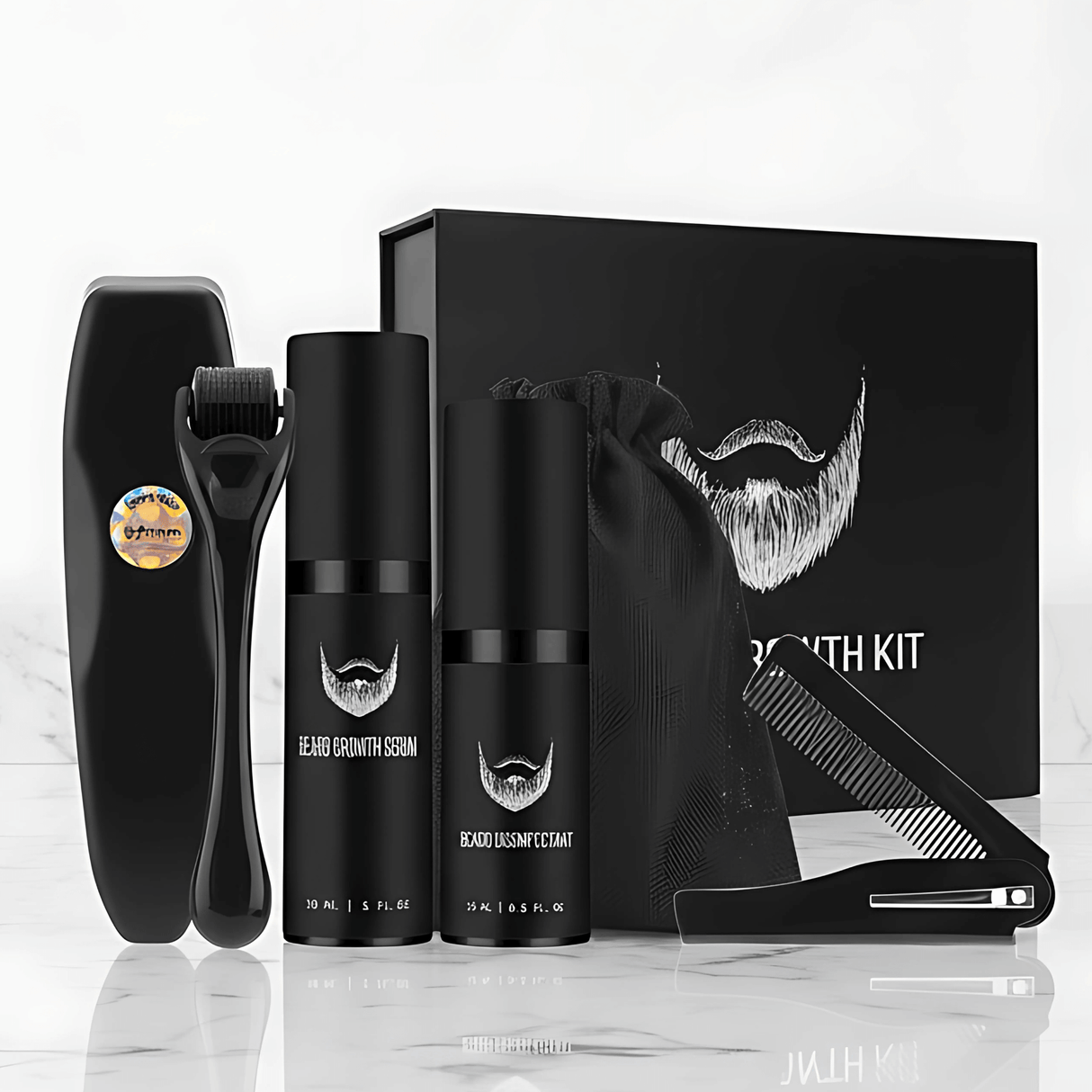 BeardForge – Skäggväxt Kit för Män med Roller, Serum, Desinfektionsspray & Kam