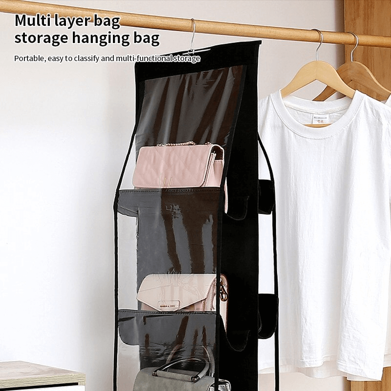 Svart Hängande Garderobsorganisatör med 6 Fickor | Dubbelsidig Förvaringslösning för Väskor, Skor & Kläder
