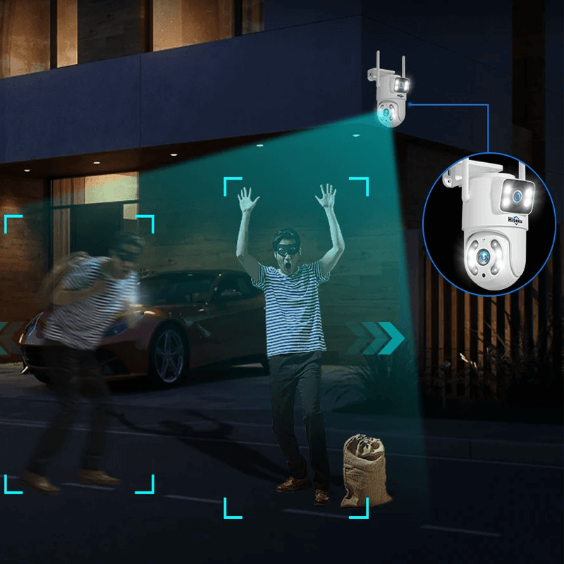 360° WiFi Övervakningskamera med Dubbla Linser | AI Människodetektion, Nattvision, IP66 & Mobilstyrning