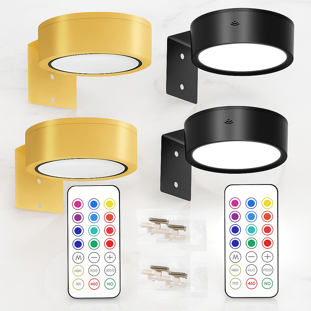 LINA – 2-pakning LED-vegglamper i svart og gull med 13 fargemoduser, magnetisk feste og fjernkontroll