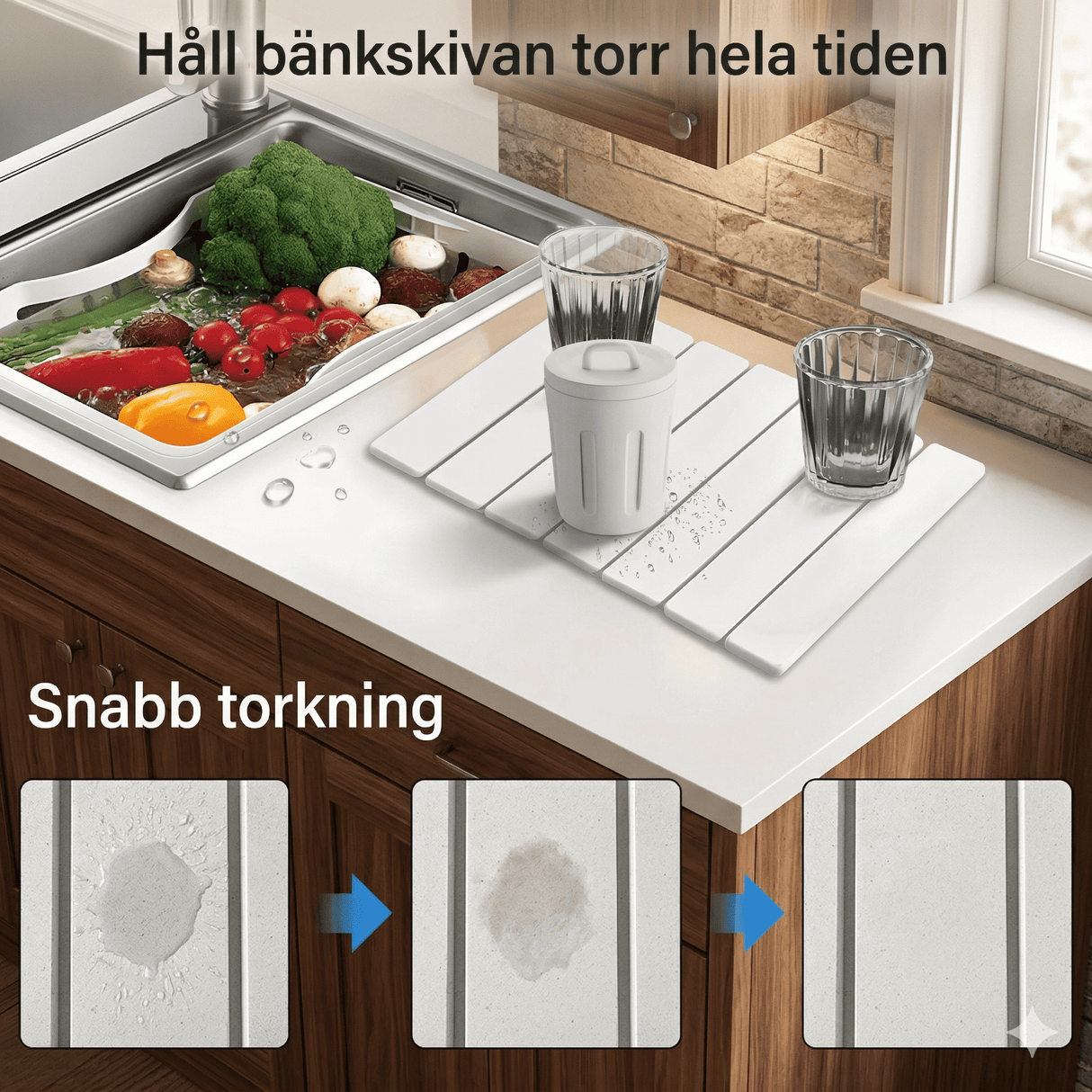 FREYA – Vikbar Sten-Torkmatta för Kök med Halkfri Bas & Absorberande Yta