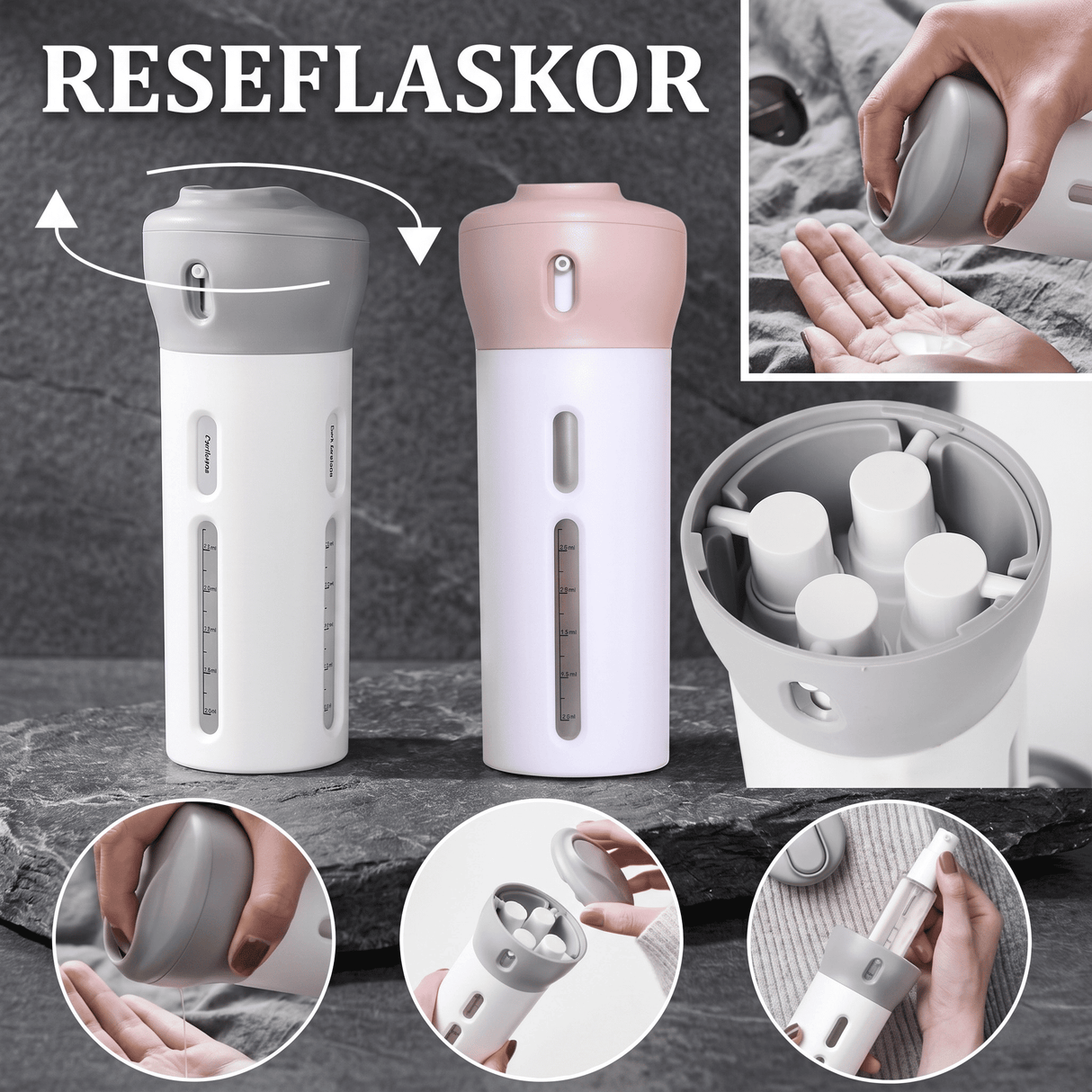 SpinFill – Distributeur de voyage rotatif 4-en-1 avec flacons de recharge anti-fuites de 40 ml – Flacon de voyage compact