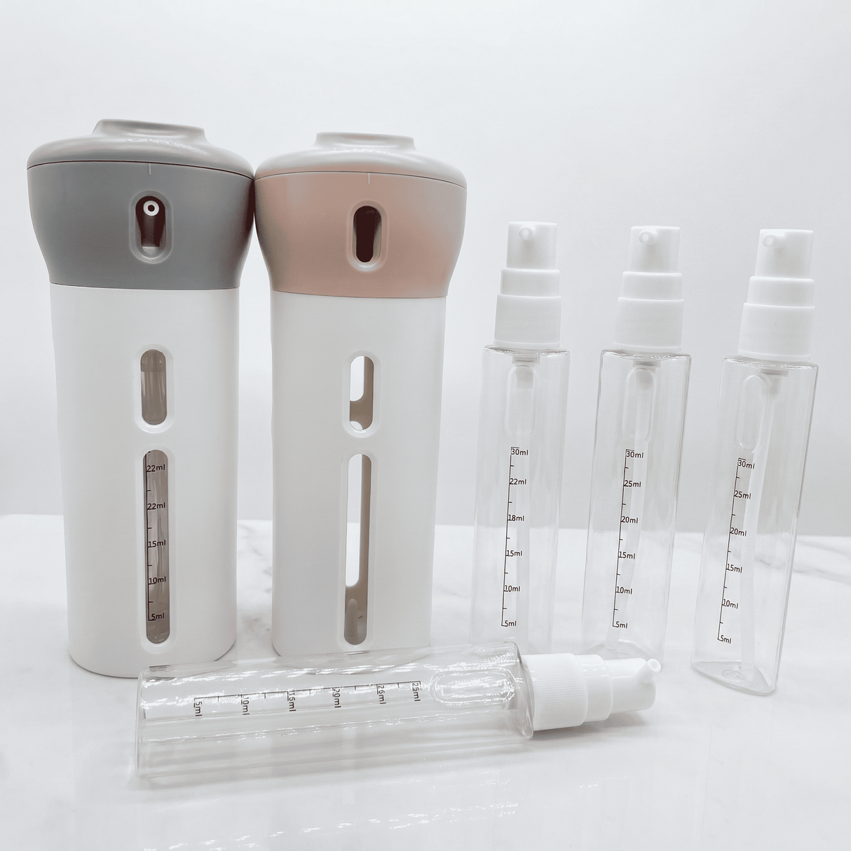 SpinFill – Distributeur de voyage rotatif 4-en-1 avec flacons de recharge anti-fuites de 40 ml – Flacon de voyage compact