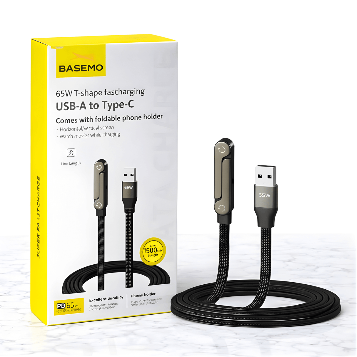 VoltDock – 240W/65W hurtigladekabel med sammenleggbart stativ, flettet design og albuekontakt for mobil, nettbrett og bærbar PC