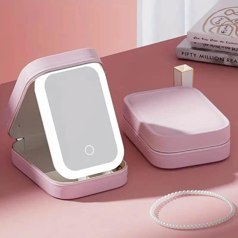 GlamVault – Resvänlig Sminkförvaring med Inbyggd LED-spegel | Smidig Förvaring med Stil