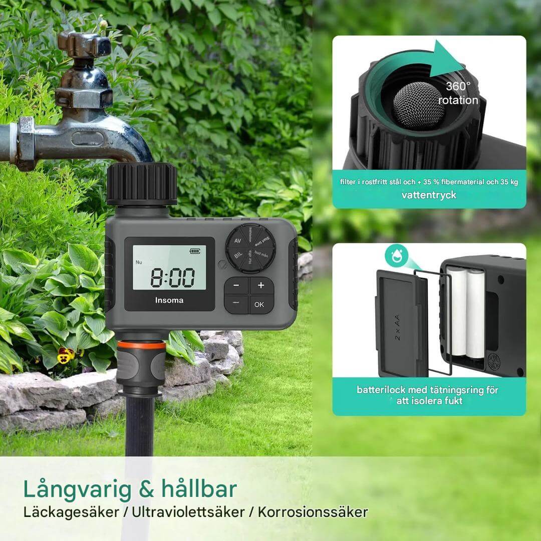 AquaSentry – Automatisk Bevattningstimer med LCD och Smart Regnfördröjning | För Enklare Trädgårdsvård Utomhus