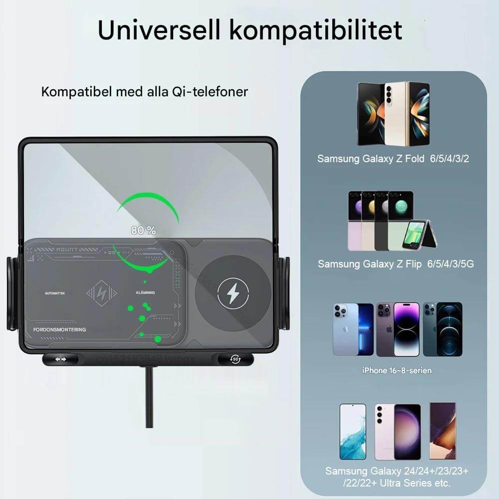 ChargeMount - Justerbar Smart Biltelefonhållare med 15W Trådlös Laddningsplatta för Fällbara Skärmar