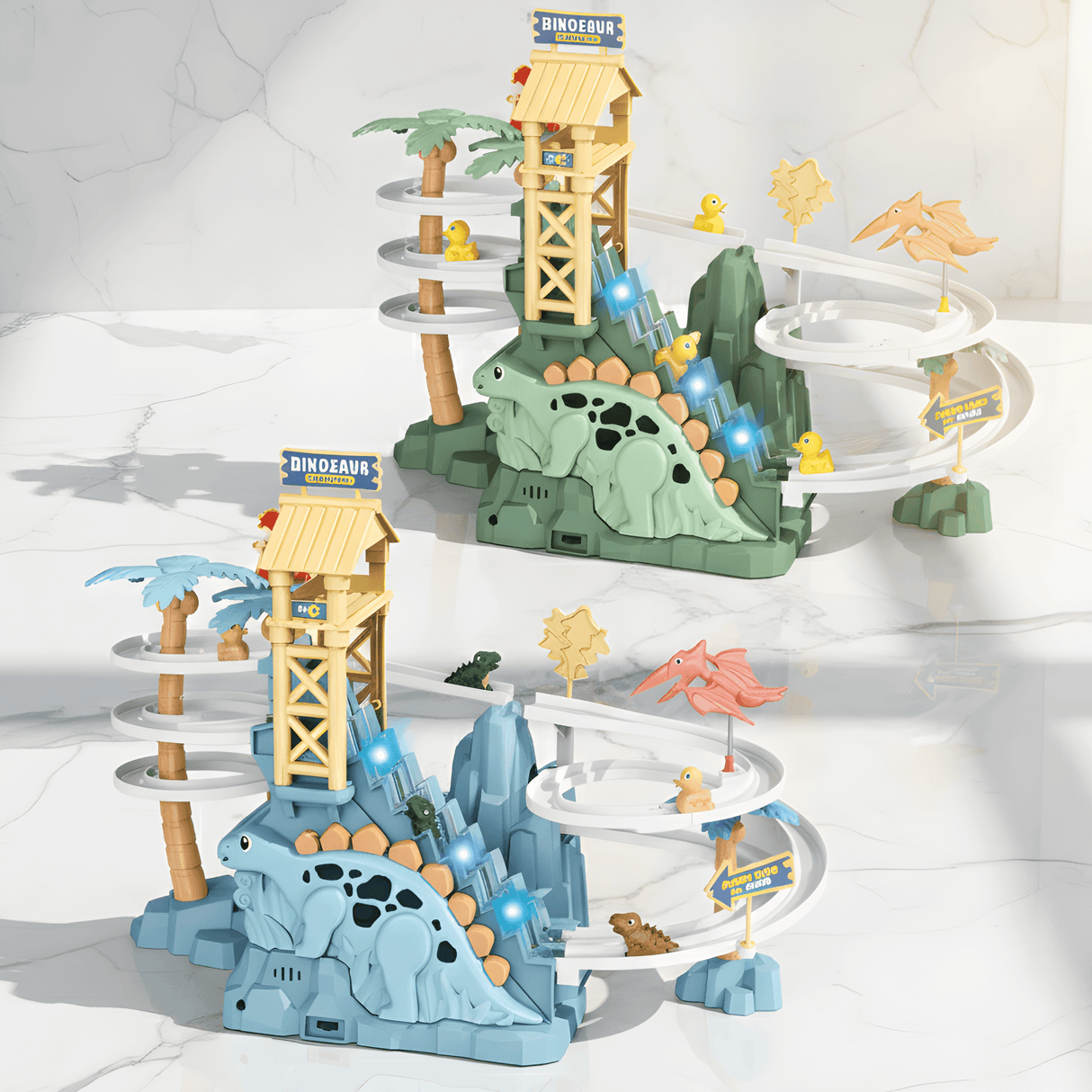 DinoTrack – Elektrisk Dubbelbanig Dinosaurie-rutschkana med Dynamiska Klättertrappor, Ljus & Musik för Barn