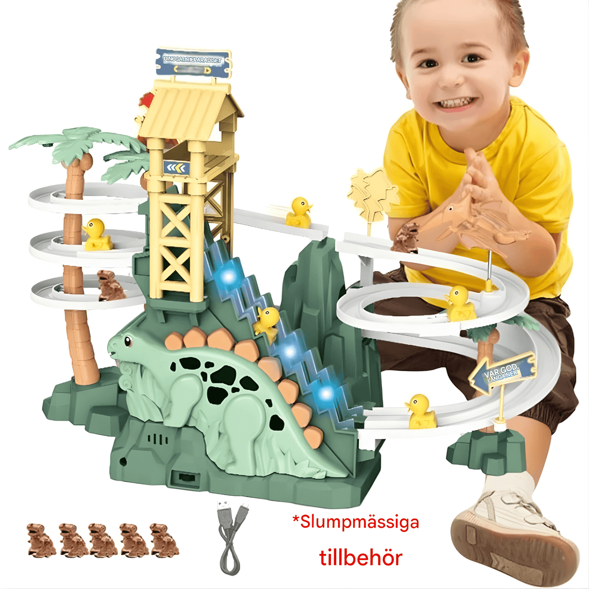 DinoTrack – Elektrisk Dubbelbanig Dinosaurie-rutschkana med Dynamiska Klättertrappor, Ljus & Musik för Barn