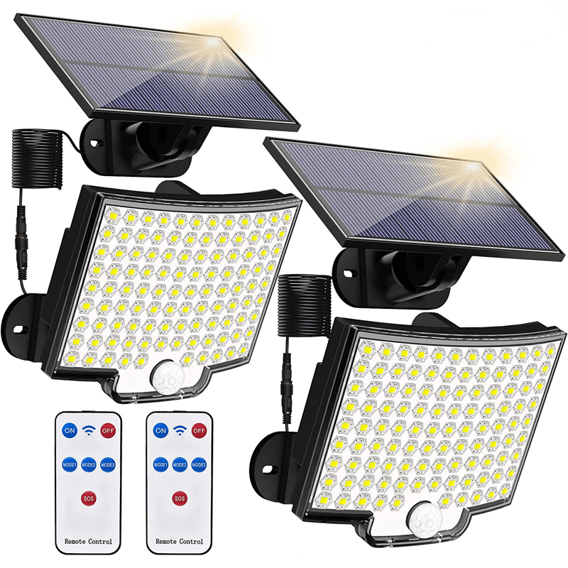 Solcellsdriven LED Strålkastare med Rörelsesensor | 106 LED, 3000LM, 180° Belysning, 4 Lägen, IP65 Vattentät Utomhuslampa med Separat Solpanel