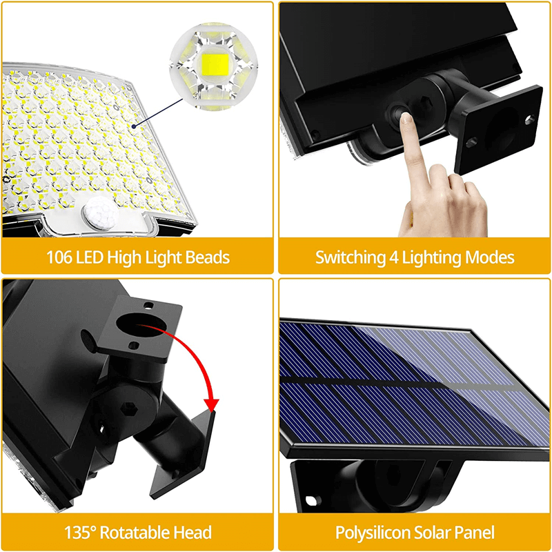 Solcellsdriven LED Strålkastare med Rörelsesensor | 106 LED, 3000LM, 180° Belysning, 4 Lägen, IP65 Vattentät Utomhuslampa med Separat Solpanel