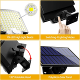 Solcellsdriven LED Strålkastare med Rörelsesensor | 106 LED, 3000LM, 180° Belysning, 4 Lägen, IP65 Vattentät Utomhuslampa med Separat Solpanel