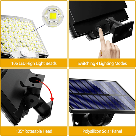 Solcellsdriven LED Strålkastare med Rörelsesensor | 106 LED, 3000LM, 180° Belysning, 4 Lägen, IP65 Vattentät Utomhuslampa med Separat Solpanel