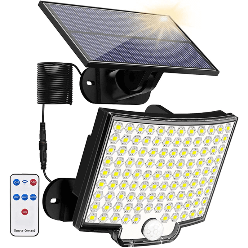 Solcellsdriven LED Strålkastare med Rörelsesensor | 106 LED, 3000LM, 180° Belysning, 4 Lägen, IP65 Vattentät Utomhuslampa med Separat Solpanel