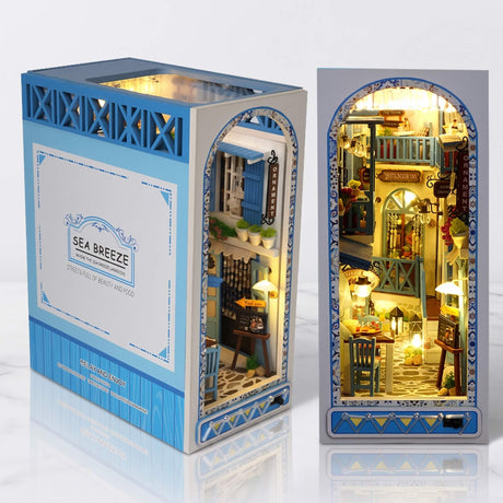 NookCraft – DIY Book Nook Byggsats i Trä – Miniatyr Bokhylla Insats med Dockskåp och LED-belysning