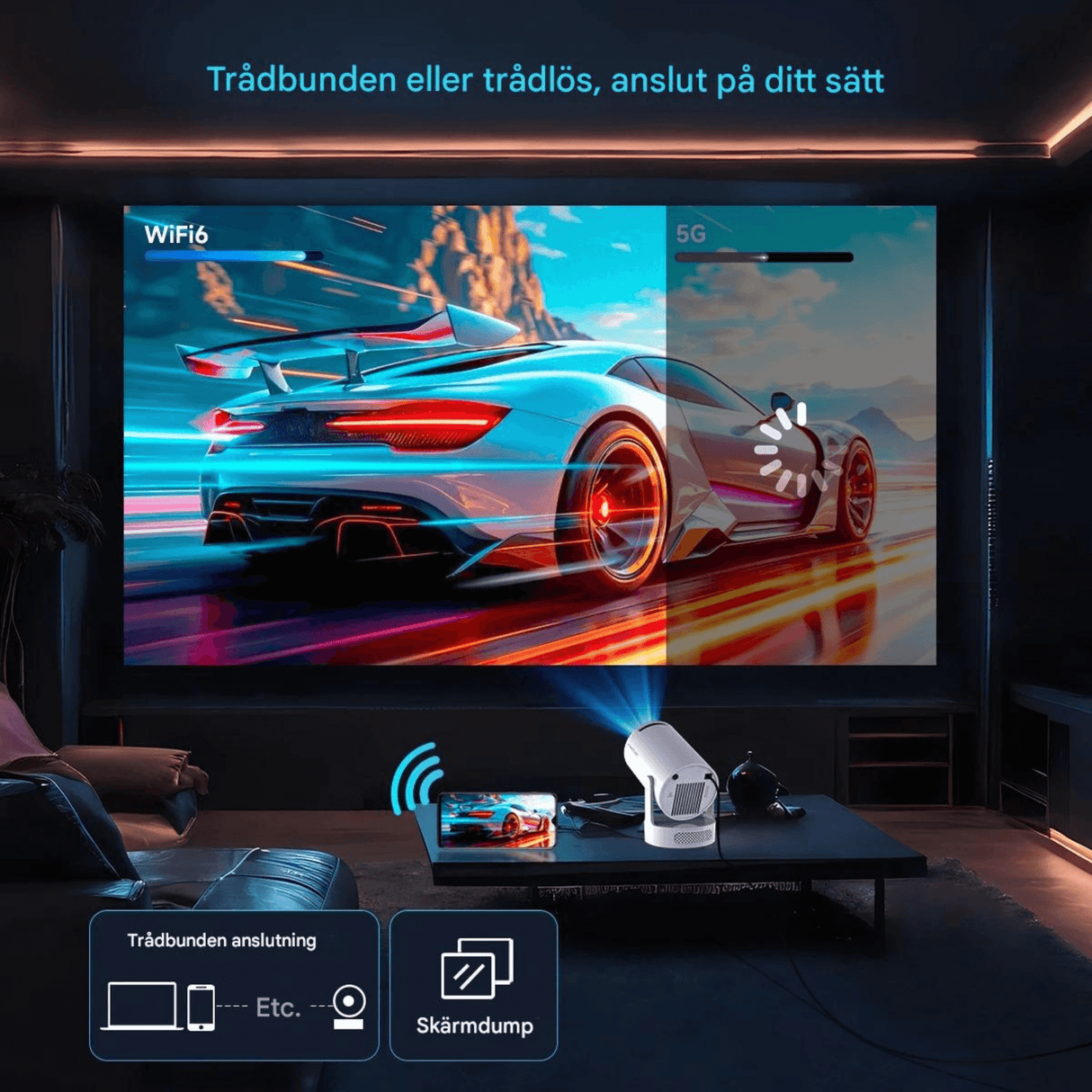 LumiCast View – Magcubic HY300 Pro+ miniprojektor med Android 11, WiFi 6 og 720P LED-bilde for hjemmekino og underholdning