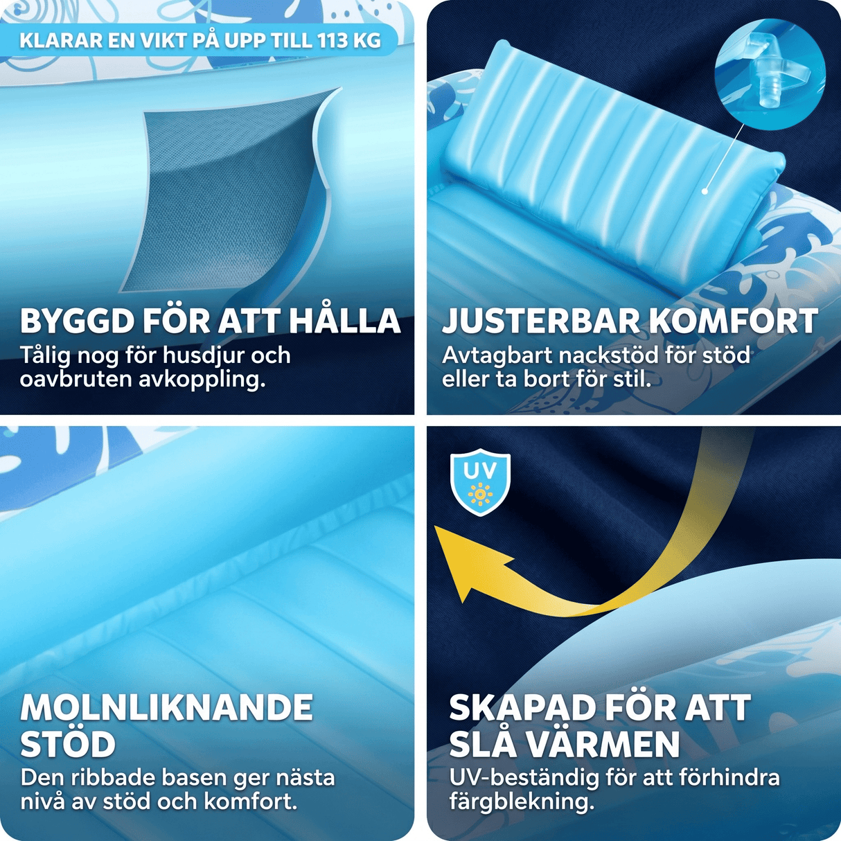 SolRaft – Uppblåsbar Vattensäng och Solbadslounger för Vuxna med Avtagbart Nackstöd och 2 Mughållare – Portabel Pool och Flytlounger – 177 × 117 cm