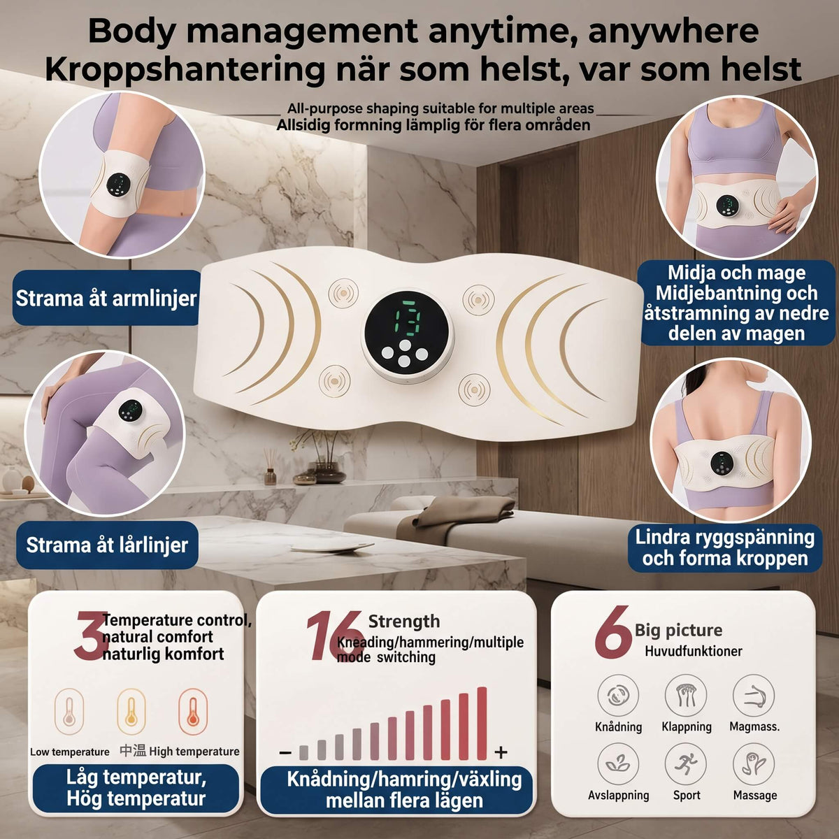 WaistWarm – Värmande EMS-Massagebälte med Rött Ljus för Nedre Rygg, Midja och Magmuskler – 6 Lägen, 16 Nivåer och 3 Värmenivåer