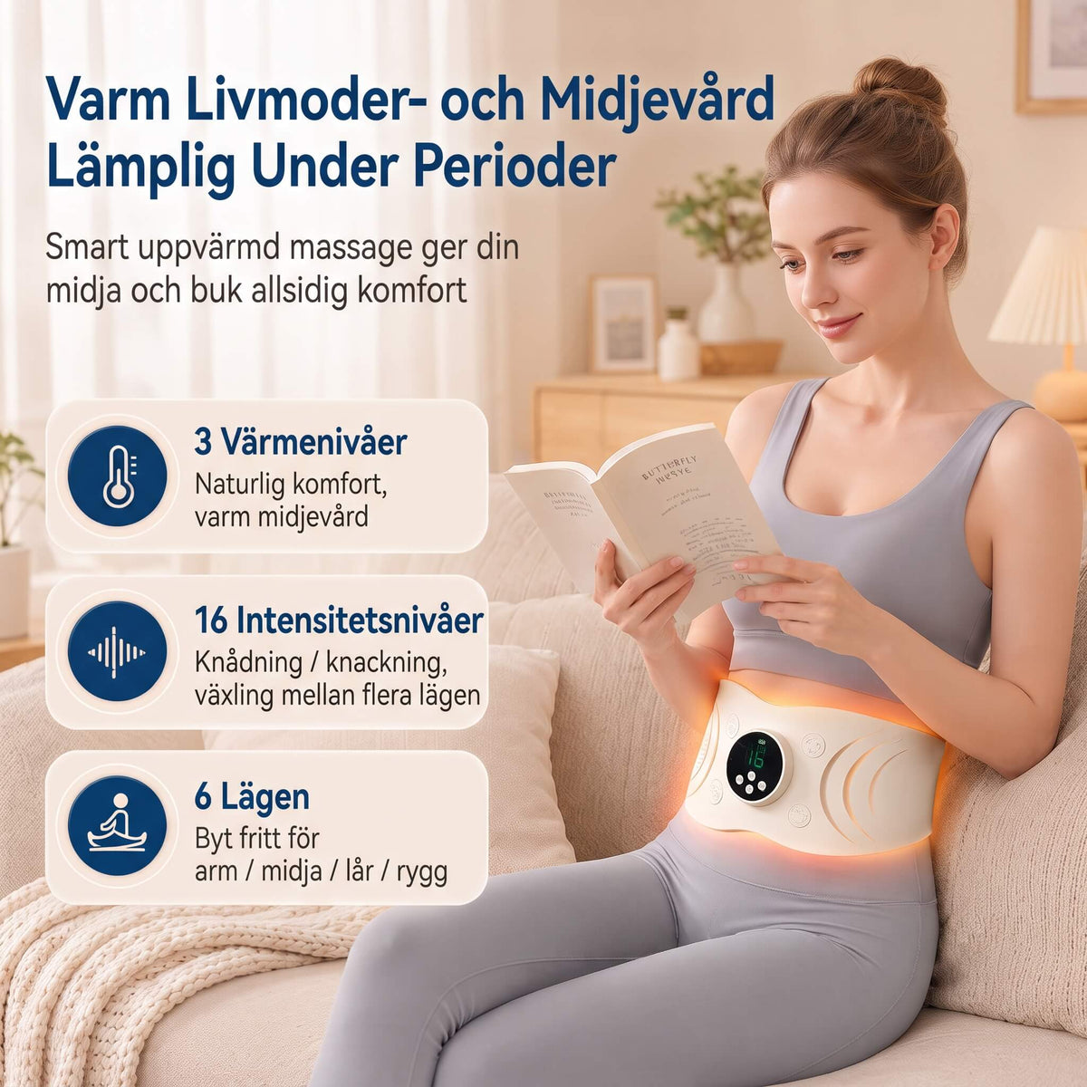 WaistWarm – Värmande EMS-Massagebälte med Rött Ljus för Nedre Rygg, Midja och Magmuskler – 6 Lägen, 16 Nivåer och 3 Värmenivåer