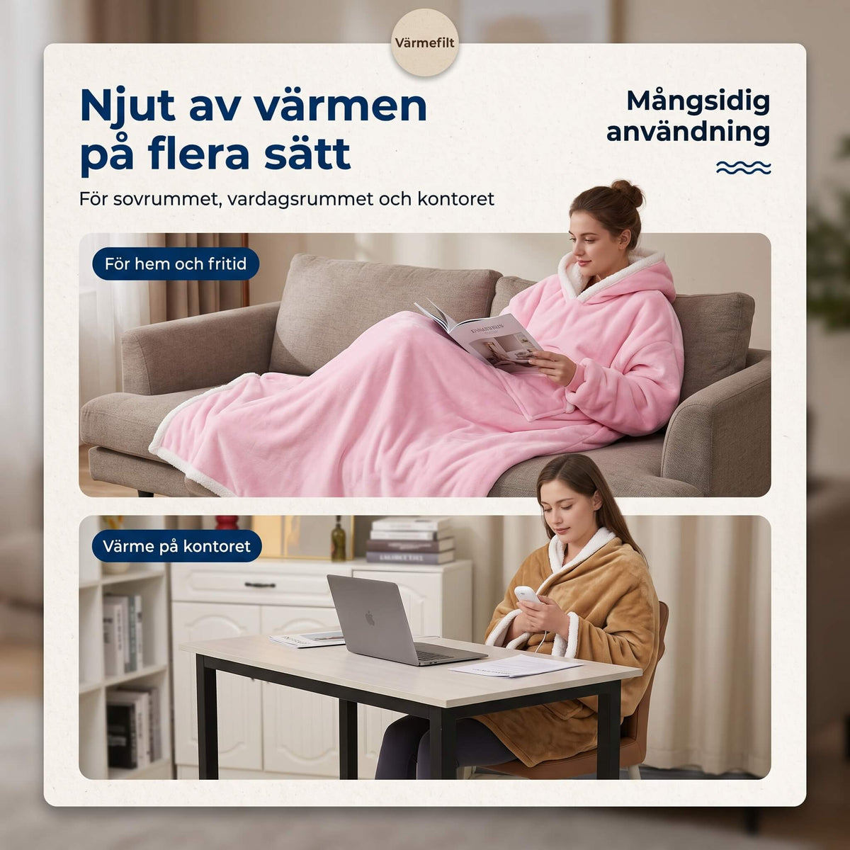 WarmCloak – Bärbar Eluppvärmd Filt med Huva och Fotfickor – Tvättbar Värmefilt med Timer och 9 Temperaturlägen