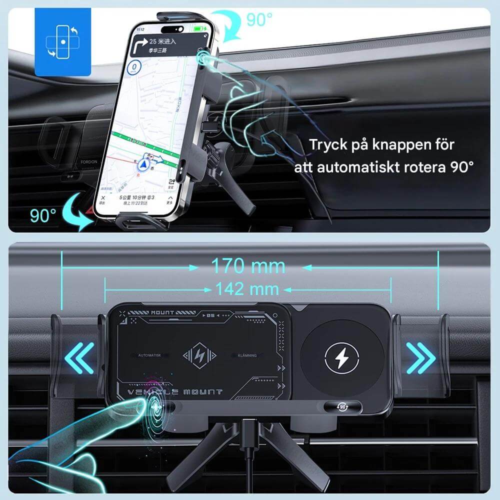 ChargeMount - Justerbar Smart Biltelefonhållare med 15W Trådlös Laddningsplatta för Fällbara Skärmar